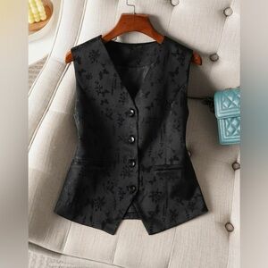 Black Floral Vest with Buttons